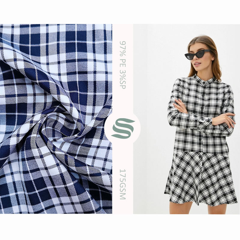 Hot selling 97% polyester 3% spandex stock yarn dyed check fabric