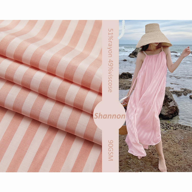 Pink stripe 51% rayon 49% viscose woven poplin silky handfeel shapes stripe print fabric