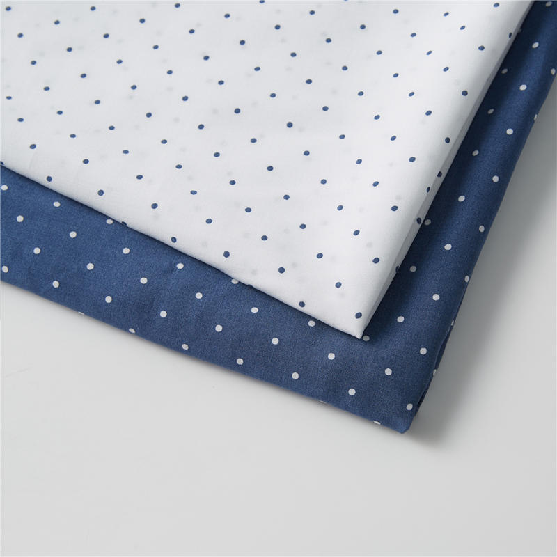 White dots blue ground 100% rayon poplin  breathable shapes dot print fabric