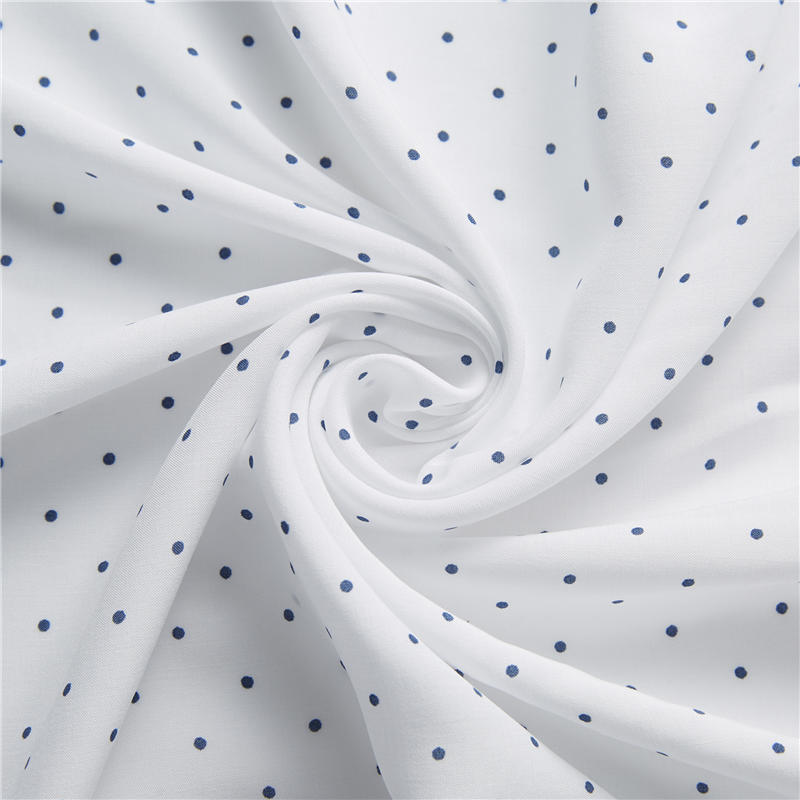 White dots blue ground 100% rayon poplin  breathable shapes dot print fabric