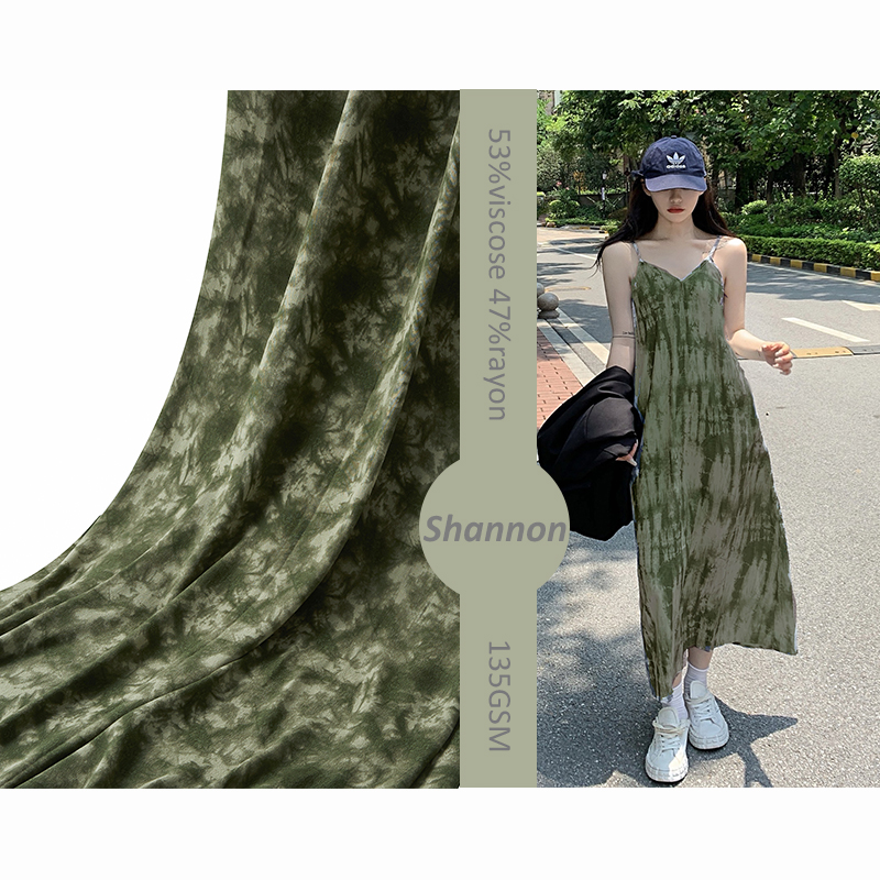 Army green tie-dyed 53% viscose 47% rayon crinkle pastoral viscose rayon fabric